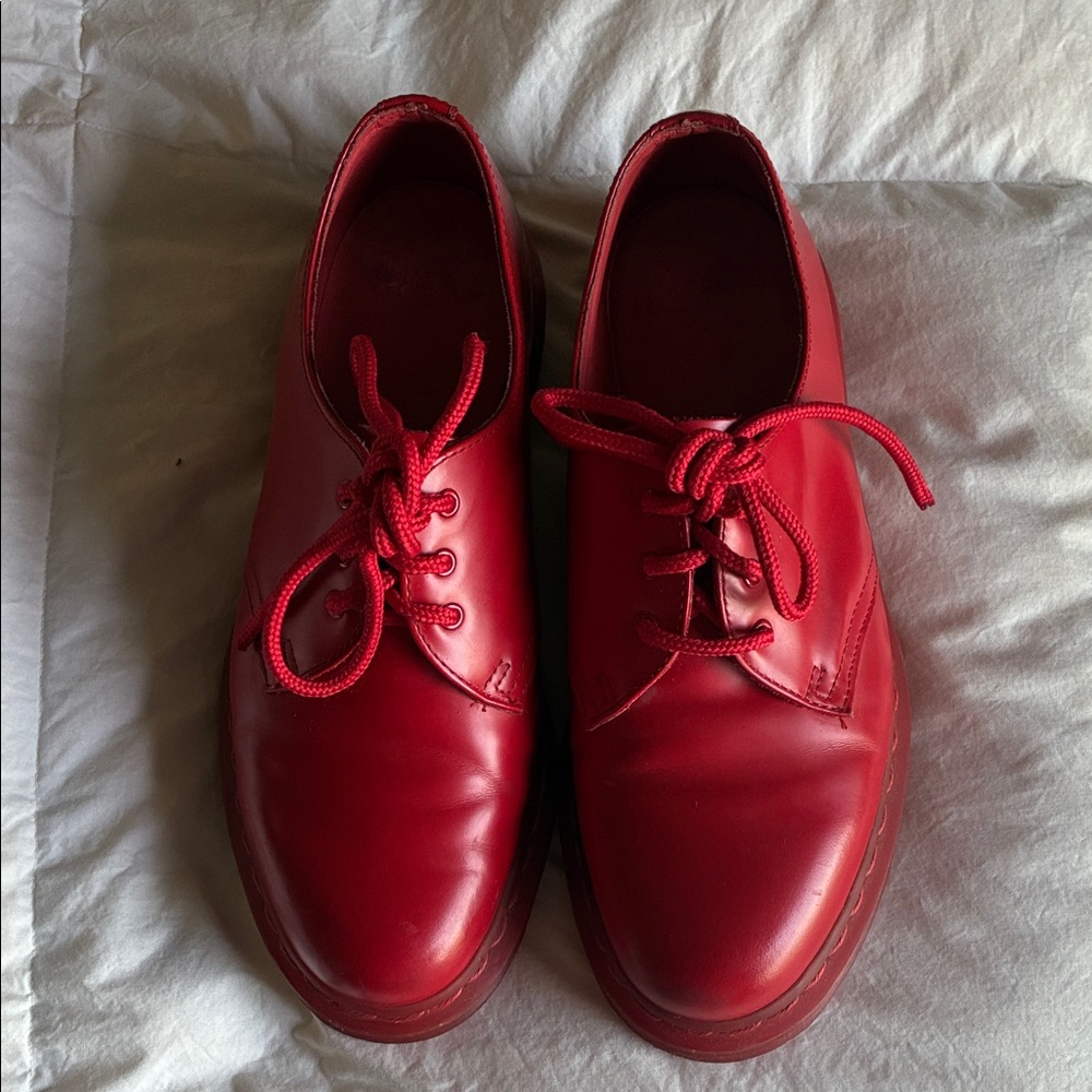 All red Dr Martens Oxford shoes